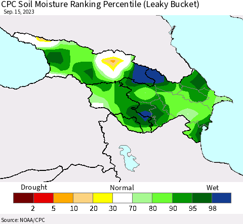 Azerbaijan, Armenia and Georgia CPC Soil Moisture Ranking Percentile (Leaky Bucket) Thematic Map For 9/11/2023 - 9/15/2023