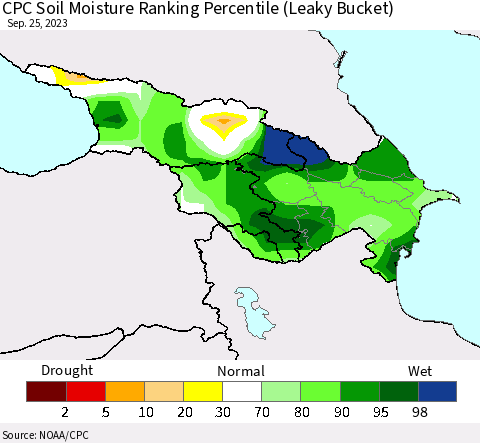 Azerbaijan, Armenia and Georgia CPC Soil Moisture Ranking Percentile (Leaky Bucket) Thematic Map For 9/21/2023 - 9/25/2023