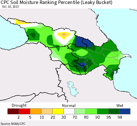 Azerbaijan, Armenia and Georgia CPC Soil Moisture Ranking Percentile (Leaky Bucket) Thematic Map For 10/6/2023 - 10/10/2023