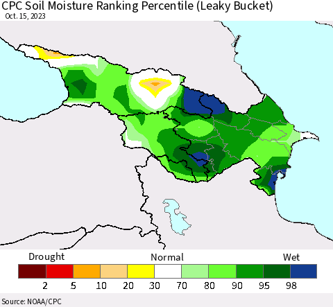 Azerbaijan, Armenia and Georgia CPC Soil Moisture Ranking Percentile (Leaky Bucket) Thematic Map For 10/11/2023 - 10/15/2023