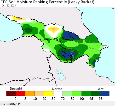 Azerbaijan, Armenia and Georgia CPC Soil Moisture Ranking Percentile (Leaky Bucket) Thematic Map For 10/16/2023 - 10/20/2023
