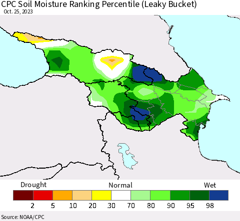 Azerbaijan, Armenia and Georgia CPC Soil Moisture Ranking Percentile (Leaky Bucket) Thematic Map For 10/21/2023 - 10/25/2023