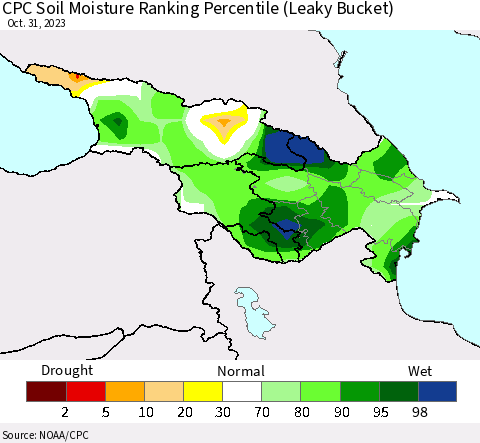 Azerbaijan, Armenia and Georgia CPC Soil Moisture Ranking Percentile (Leaky Bucket) Thematic Map For 10/26/2023 - 10/31/2023