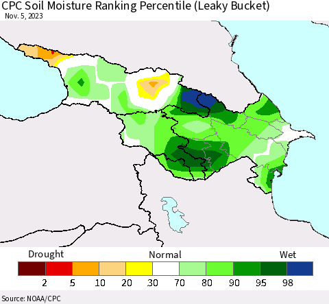 Azerbaijan, Armenia and Georgia CPC Soil Moisture Ranking Percentile (Leaky Bucket) Thematic Map For 11/1/2023 - 11/5/2023