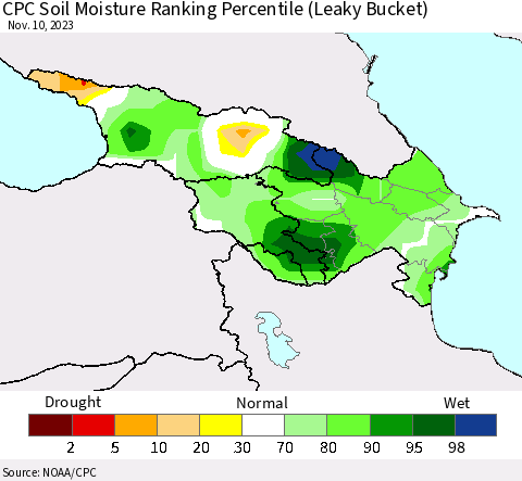 Azerbaijan, Armenia and Georgia CPC Soil Moisture Ranking Percentile (Leaky Bucket) Thematic Map For 11/6/2023 - 11/10/2023