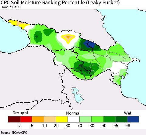 Azerbaijan, Armenia and Georgia CPC Soil Moisture Ranking Percentile (Leaky Bucket) Thematic Map For 11/16/2023 - 11/20/2023