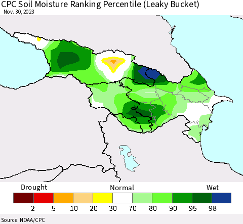 Azerbaijan, Armenia and Georgia CPC Soil Moisture Ranking Percentile (Leaky Bucket) Thematic Map For 11/26/2023 - 11/30/2023