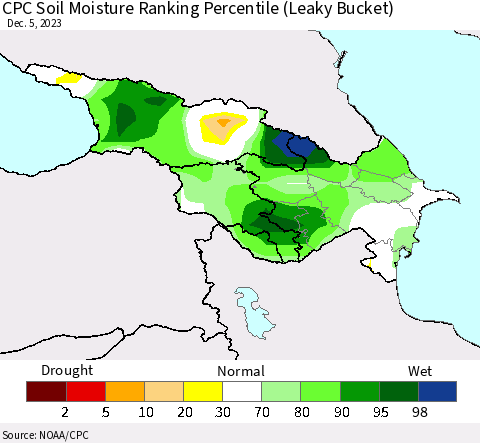 Azerbaijan, Armenia and Georgia CPC Soil Moisture Ranking Percentile (Leaky Bucket) Thematic Map For 12/1/2023 - 12/5/2023