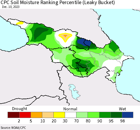 Azerbaijan, Armenia and Georgia CPC Soil Moisture Ranking Percentile (Leaky Bucket) Thematic Map For 12/6/2023 - 12/10/2023