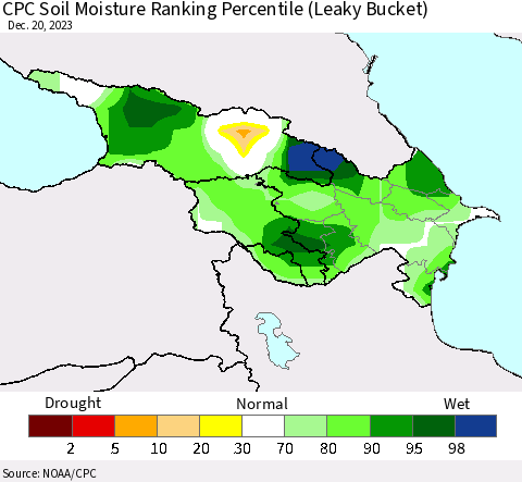 Azerbaijan, Armenia and Georgia CPC Soil Moisture Ranking Percentile (Leaky Bucket) Thematic Map For 12/16/2023 - 12/20/2023