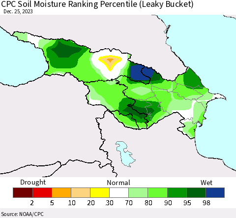 Azerbaijan, Armenia and Georgia CPC Soil Moisture Ranking Percentile (Leaky Bucket) Thematic Map For 12/21/2023 - 12/25/2023
