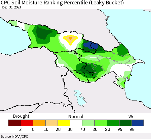 Azerbaijan, Armenia and Georgia CPC Soil Moisture Ranking Percentile (Leaky Bucket) Thematic Map For 12/26/2023 - 12/31/2023
