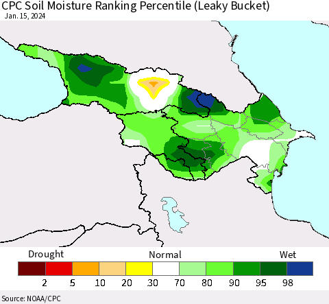 Azerbaijan, Armenia and Georgia CPC Soil Moisture Ranking Percentile (Leaky Bucket) Thematic Map For 1/11/2024 - 1/15/2024