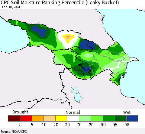 Azerbaijan, Armenia and Georgia CPC Soil Moisture Ranking Percentile (Leaky Bucket) Thematic Map For 2/6/2024 - 2/10/2024