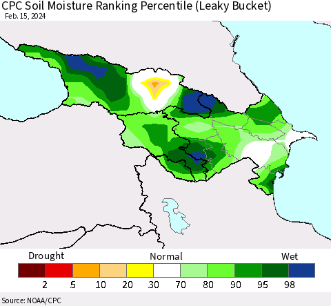 Azerbaijan, Armenia and Georgia CPC Soil Moisture Ranking Percentile (Leaky Bucket) Thematic Map For 2/11/2024 - 2/15/2024