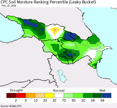 Azerbaijan, Armenia and Georgia CPC Soil Moisture Ranking Percentile (Leaky Bucket) Thematic Map For 2/21/2024 - 2/25/2024