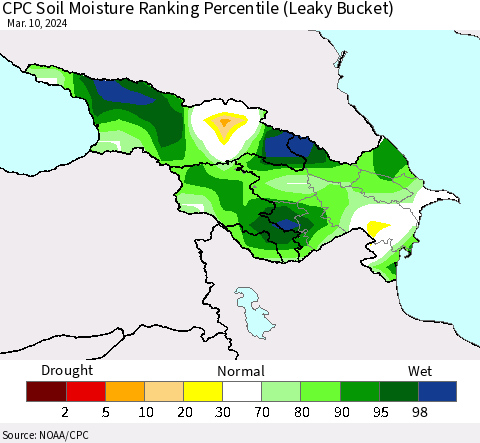 Azerbaijan, Armenia and Georgia CPC Soil Moisture Ranking Percentile (Leaky Bucket) Thematic Map For 3/6/2024 - 3/10/2024