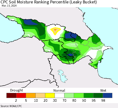 Azerbaijan, Armenia and Georgia CPC Soil Moisture Ranking Percentile (Leaky Bucket) Thematic Map For 3/11/2024 - 3/15/2024
