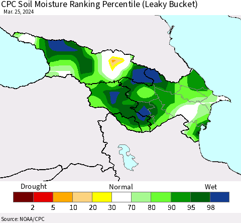 Azerbaijan, Armenia and Georgia CPC Soil Moisture Ranking Percentile (Leaky Bucket) Thematic Map For 3/21/2024 - 3/25/2024