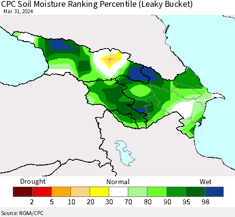 Azerbaijan, Armenia and Georgia CPC Soil Moisture Ranking Percentile (Leaky Bucket) Thematic Map For 3/26/2024 - 3/31/2024