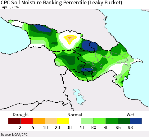 Azerbaijan, Armenia and Georgia CPC Soil Moisture Ranking Percentile (Leaky Bucket) Thematic Map For 4/1/2024 - 4/5/2024