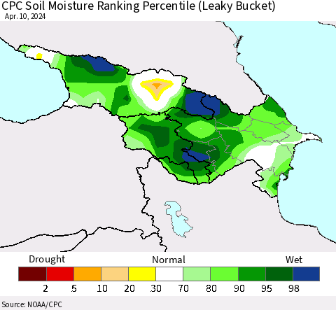 Azerbaijan, Armenia and Georgia CPC Soil Moisture Ranking Percentile (Leaky Bucket) Thematic Map For 4/6/2024 - 4/10/2024