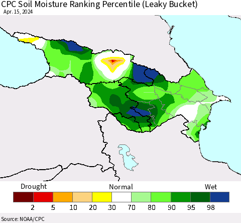 Azerbaijan, Armenia and Georgia CPC Soil Moisture Ranking Percentile (Leaky Bucket) Thematic Map For 4/11/2024 - 4/15/2024