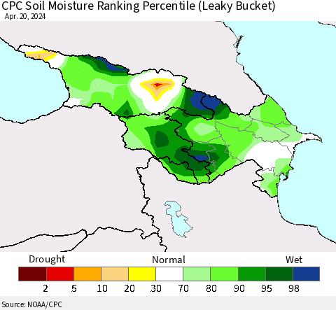 Azerbaijan, Armenia and Georgia CPC Soil Moisture Ranking Percentile (Leaky Bucket) Thematic Map For 4/16/2024 - 4/20/2024