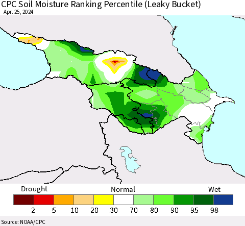 Azerbaijan, Armenia and Georgia CPC Soil Moisture Ranking Percentile (Leaky Bucket) Thematic Map For 4/21/2024 - 4/25/2024