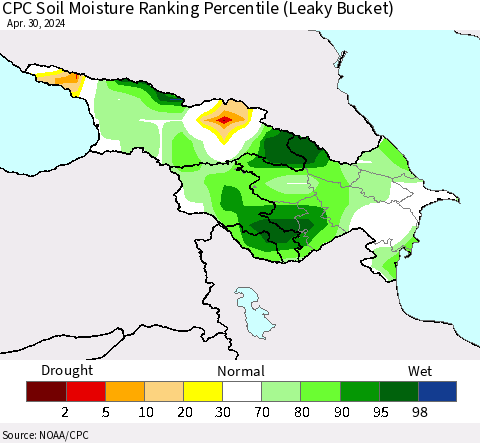 Azerbaijan, Armenia and Georgia CPC Soil Moisture Ranking Percentile (Leaky Bucket) Thematic Map For 4/26/2024 - 4/30/2024