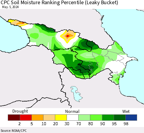 Azerbaijan, Armenia and Georgia CPC Soil Moisture Ranking Percentile (Leaky Bucket) Thematic Map For 5/1/2024 - 5/5/2024