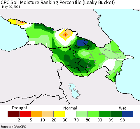 Azerbaijan, Armenia and Georgia CPC Soil Moisture Ranking Percentile (Leaky Bucket) Thematic Map For 5/6/2024 - 5/10/2024