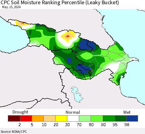 Azerbaijan, Armenia and Georgia CPC Soil Moisture Ranking Percentile (Leaky Bucket) Thematic Map For 5/11/2024 - 5/15/2024