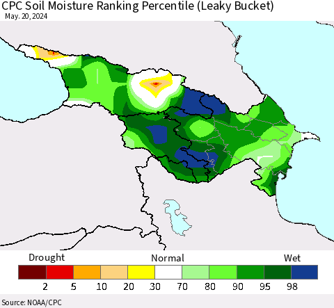 Azerbaijan, Armenia and Georgia CPC Soil Moisture Ranking Percentile (Leaky Bucket) Thematic Map For 5/16/2024 - 5/20/2024