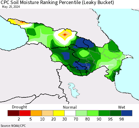 Azerbaijan, Armenia and Georgia CPC Soil Moisture Ranking Percentile (Leaky Bucket) Thematic Map For 5/21/2024 - 5/25/2024