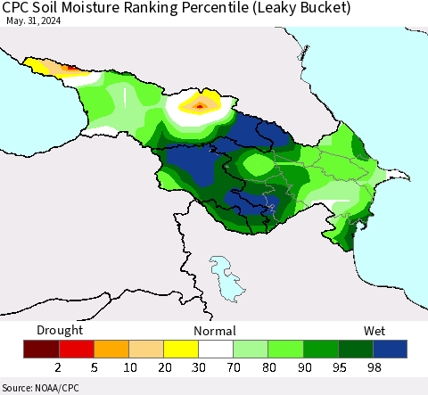 Azerbaijan, Armenia and Georgia CPC Soil Moisture Ranking Percentile (Leaky Bucket) Thematic Map For 5/26/2024 - 5/31/2024