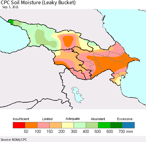 Azerbaijan, Armenia and Georgia CPC Soil Moisture (Leaky Bucket) Thematic Map For 9/1/2021 - 9/5/2021