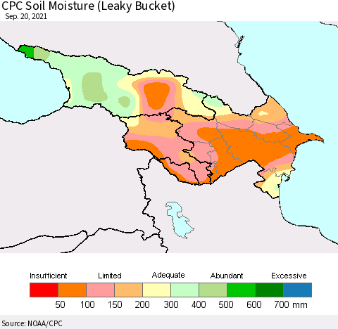 Azerbaijan, Armenia and Georgia CPC Soil Moisture (Leaky Bucket) Thematic Map For 9/16/2021 - 9/20/2021