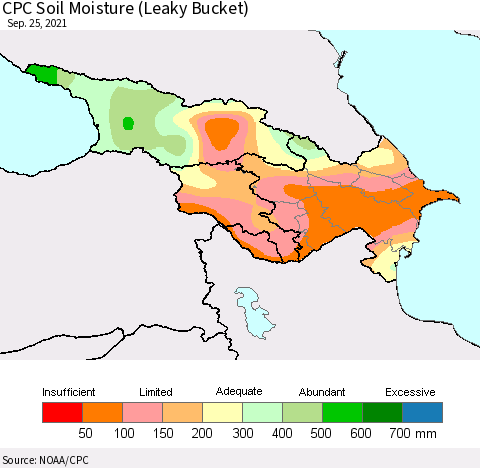 Azerbaijan, Armenia and Georgia CPC Soil Moisture (Leaky Bucket) Thematic Map For 9/21/2021 - 9/25/2021