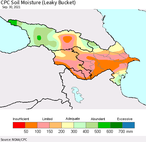 Azerbaijan, Armenia and Georgia CPC Soil Moisture (Leaky Bucket) Thematic Map For 9/26/2021 - 9/30/2021