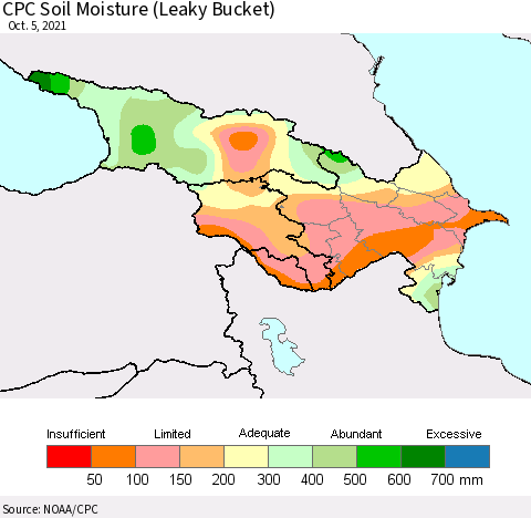 Azerbaijan, Armenia and Georgia CPC Soil Moisture (Leaky Bucket) Thematic Map For 10/1/2021 - 10/5/2021