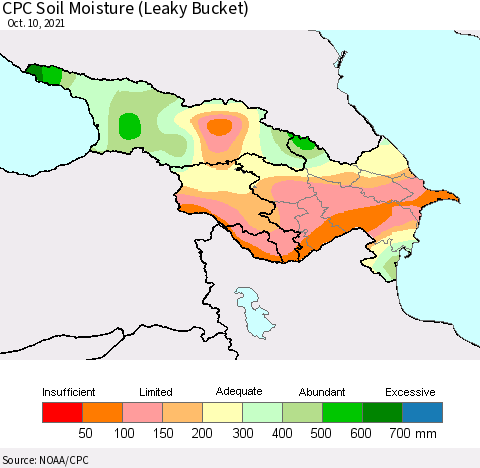 Azerbaijan, Armenia and Georgia CPC Soil Moisture (Leaky Bucket) Thematic Map For 10/6/2021 - 10/10/2021