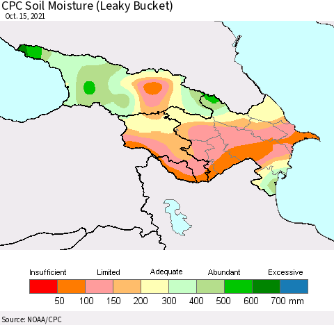 Azerbaijan, Armenia and Georgia CPC Soil Moisture (Leaky Bucket) Thematic Map For 10/11/2021 - 10/15/2021