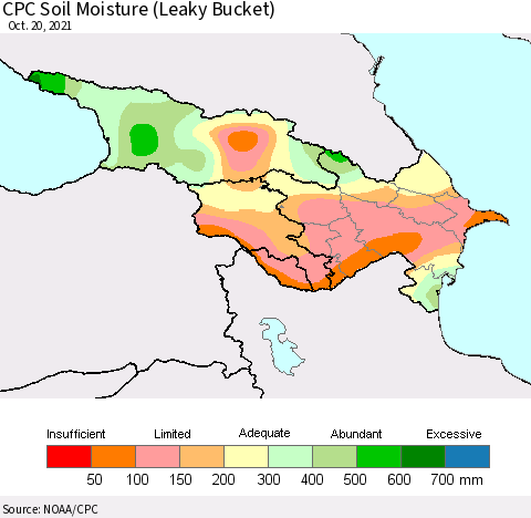 Azerbaijan, Armenia and Georgia CPC Soil Moisture (Leaky Bucket) Thematic Map For 10/16/2021 - 10/20/2021