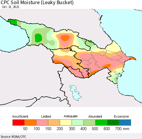 Azerbaijan, Armenia and Georgia CPC Soil Moisture (Leaky Bucket) Thematic Map For 10/26/2021 - 10/31/2021