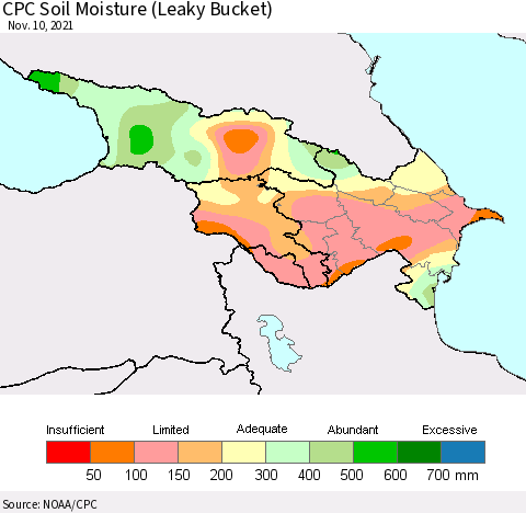 Azerbaijan, Armenia and Georgia CPC Soil Moisture (Leaky Bucket) Thematic Map For 11/6/2021 - 11/10/2021