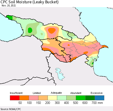 Azerbaijan, Armenia and Georgia CPC Soil Moisture (Leaky Bucket) Thematic Map For 11/16/2021 - 11/20/2021