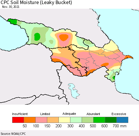 Azerbaijan, Armenia and Georgia CPC Soil Moisture (Leaky Bucket) Thematic Map For 11/26/2021 - 11/30/2021