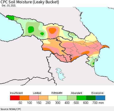 Azerbaijan, Armenia and Georgia CPC Soil Moisture (Leaky Bucket) Thematic Map For 12/6/2021 - 12/10/2021