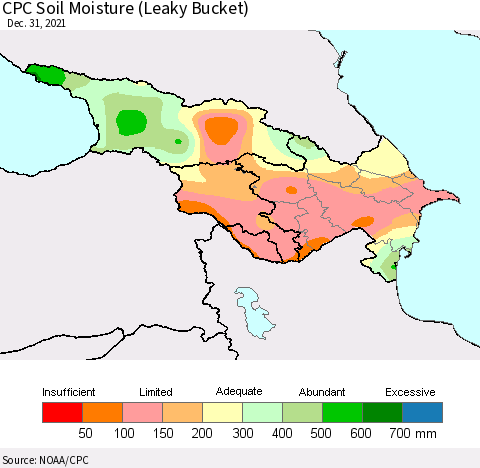 Azerbaijan, Armenia and Georgia CPC Soil Moisture (Leaky Bucket) Thematic Map For 12/26/2021 - 12/31/2021